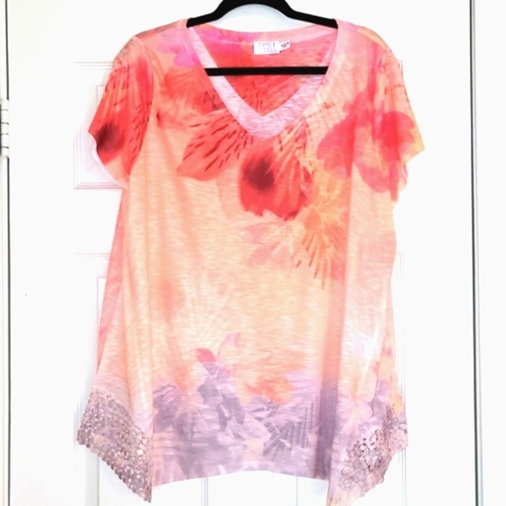 Tropical Top OrangeGray Crystal Lace Detail XL SuperFlattering Lightweight Loose